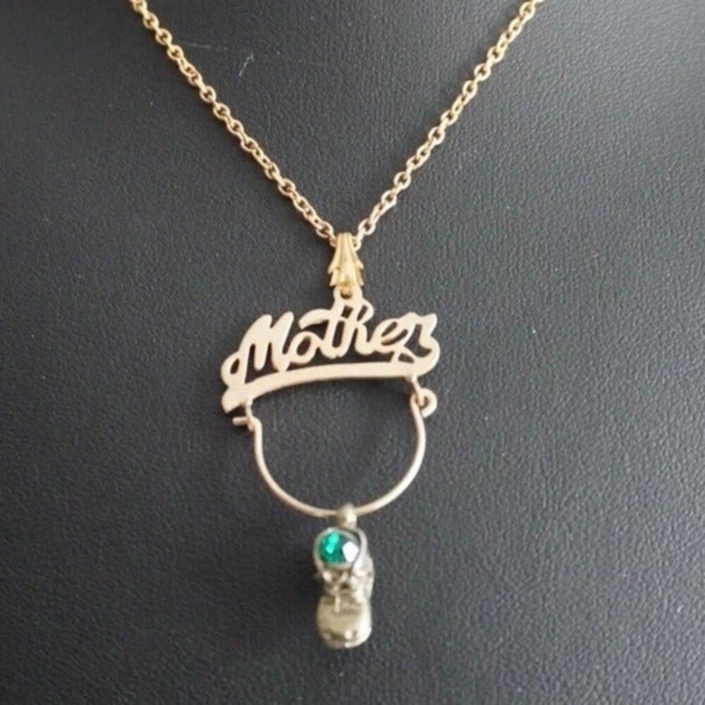 Mother Emerald Baby Shoe Pendant Necklace Gold Tone